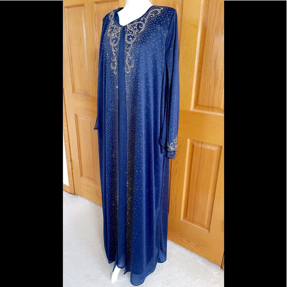 Formal Dress Plus Sizes 16W 18W 22W 24W Long Sleeves Navy Beaded Kaftan Maxi NEW - Picture 3 of 14